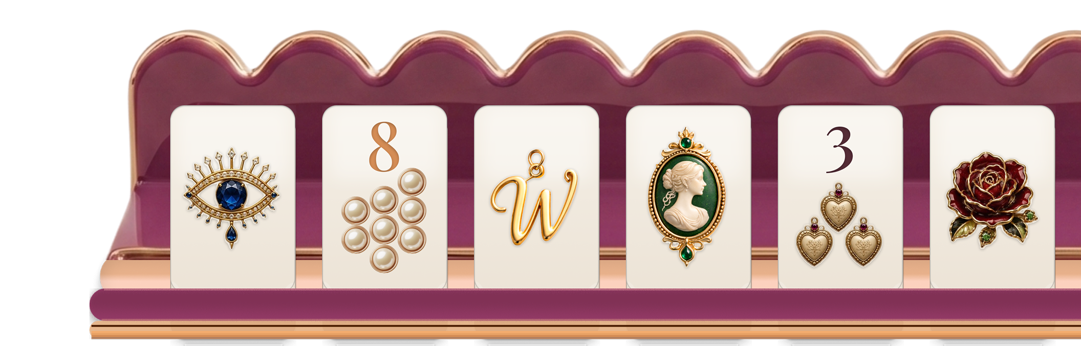 A blush pink mahjong rack holding decorative trinket tiles