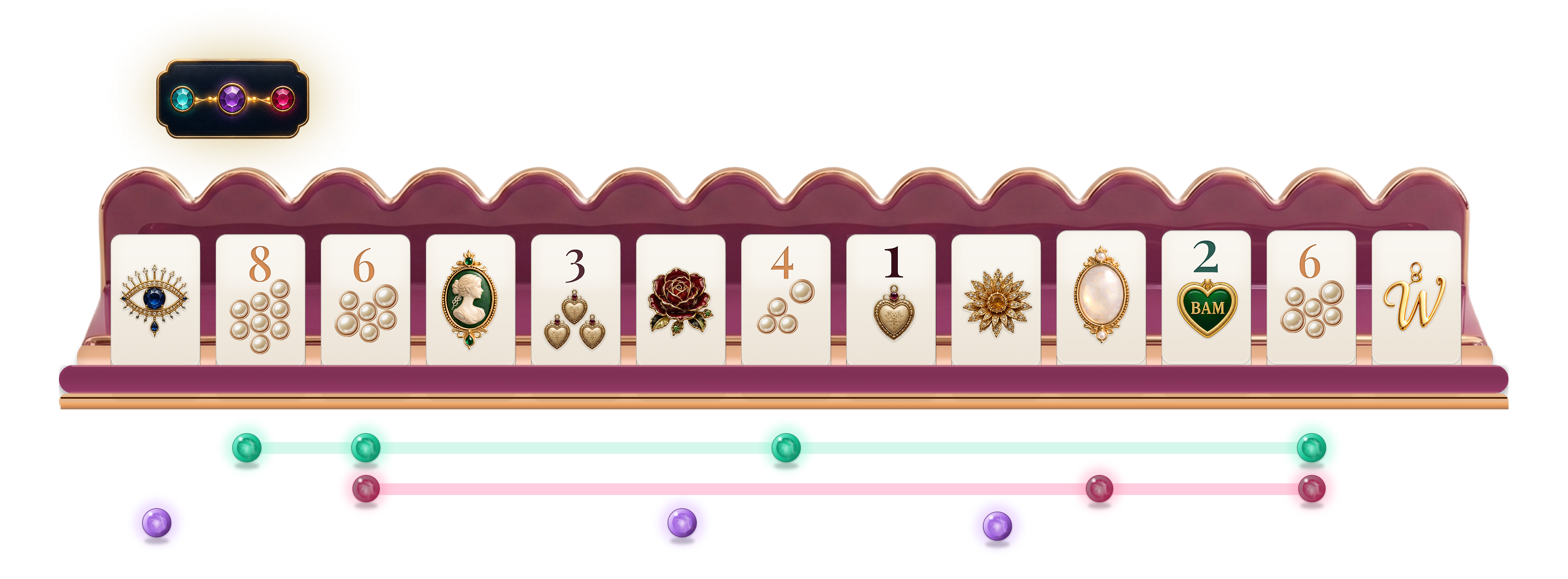 Mahjong rack with glowing pattern connections highlighted beneath the tiles