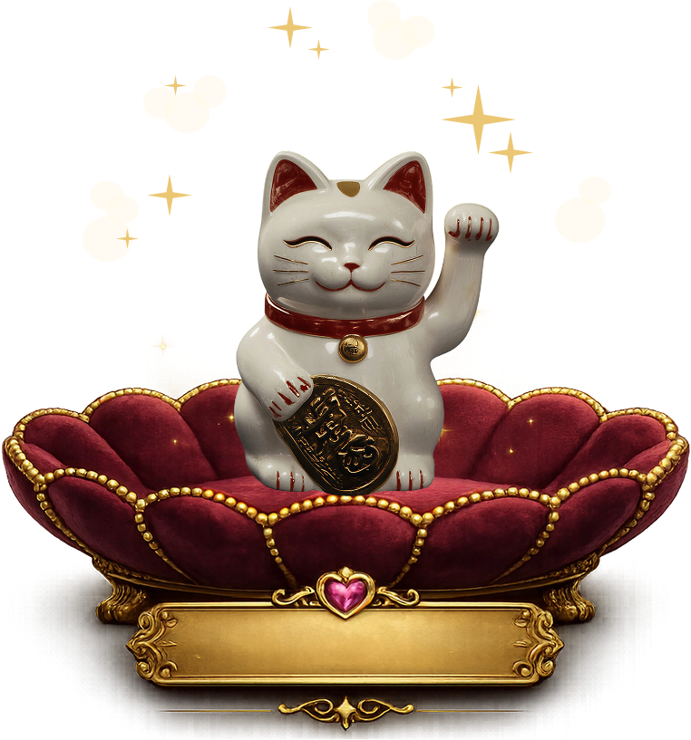 A lucky cat trinket displayed in an ornate gold dish